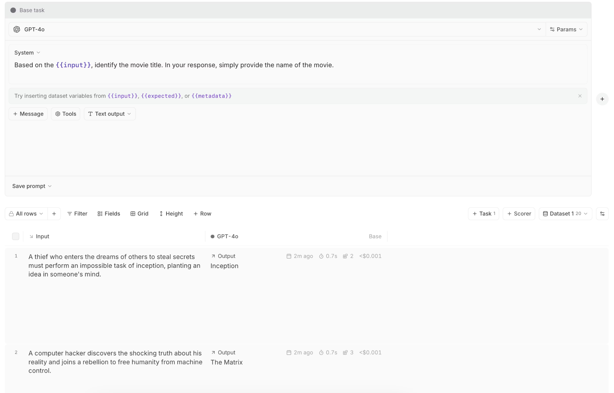 Braintrust Playground running an evaluation with dataset inputs and scored outputs