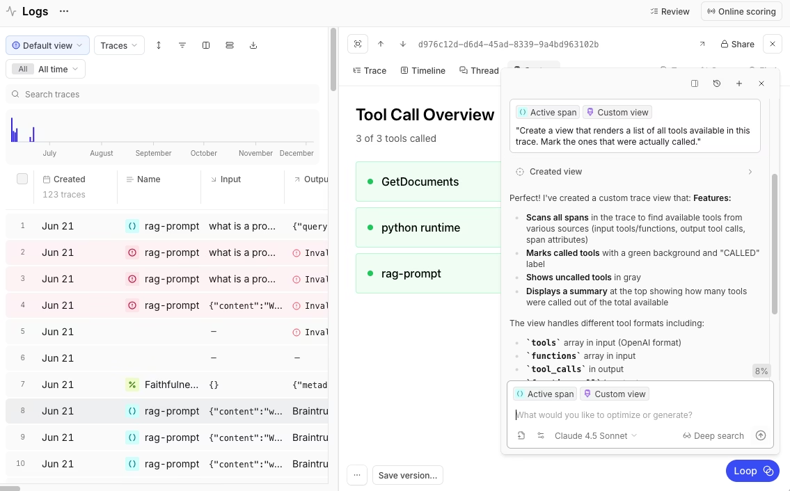 Braintrust observability with full-pipeline tracing