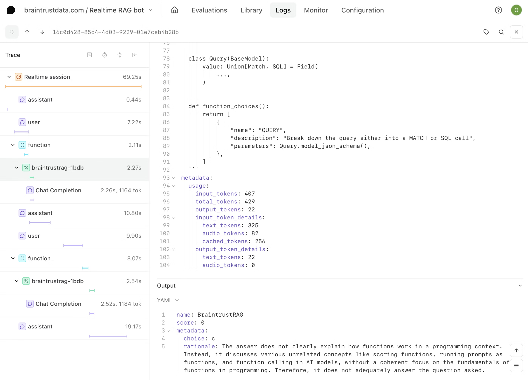 Braintrust trace view showing full agent execution hierarchy with nested spans, token usage, and scoring