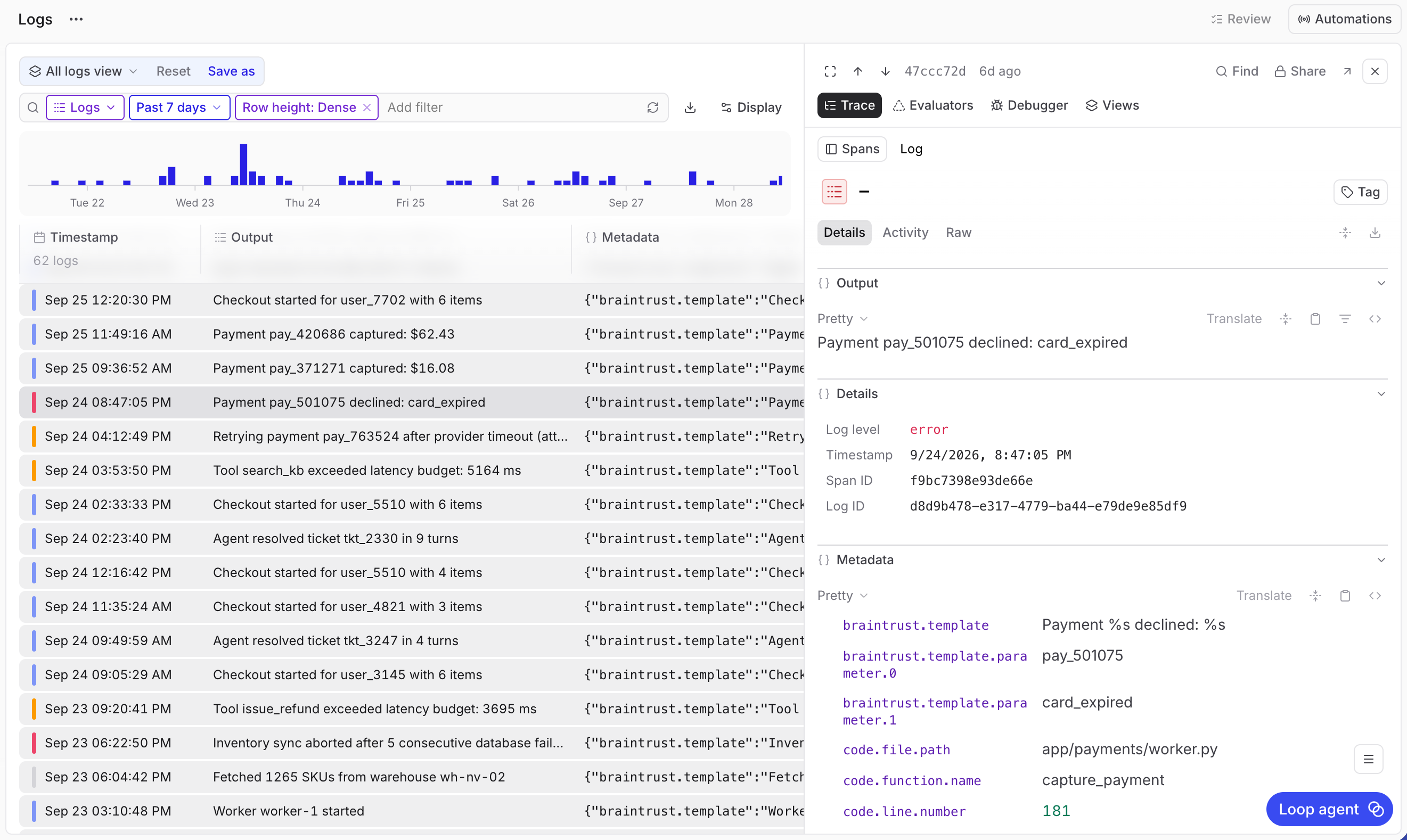 Application logs showing a payment error, its severity, and recorded metadata
