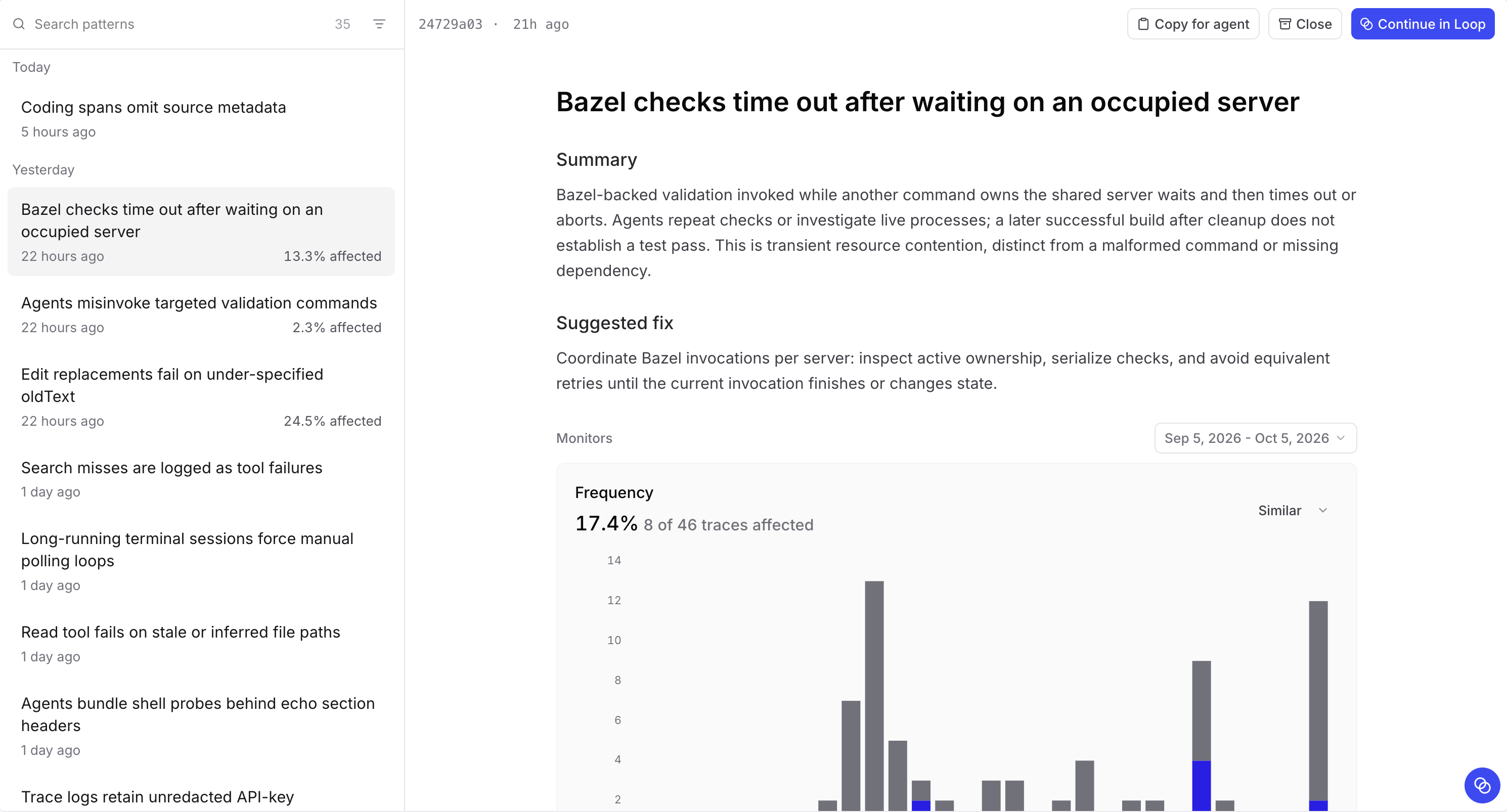 Pattern finding showing repeated Bazel check timeouts, a suggested fix, and the Copy for agent action